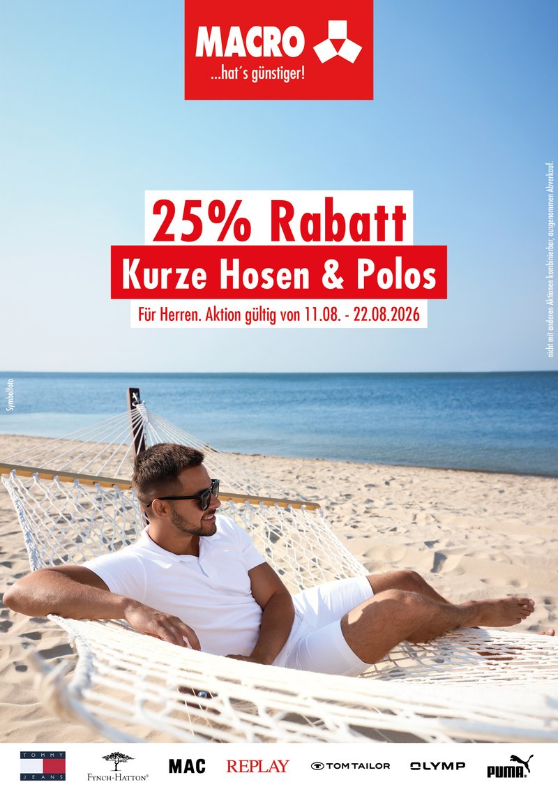 25 % Rabatt auf alle lagernden Herren Polos und kurzen Hosen.