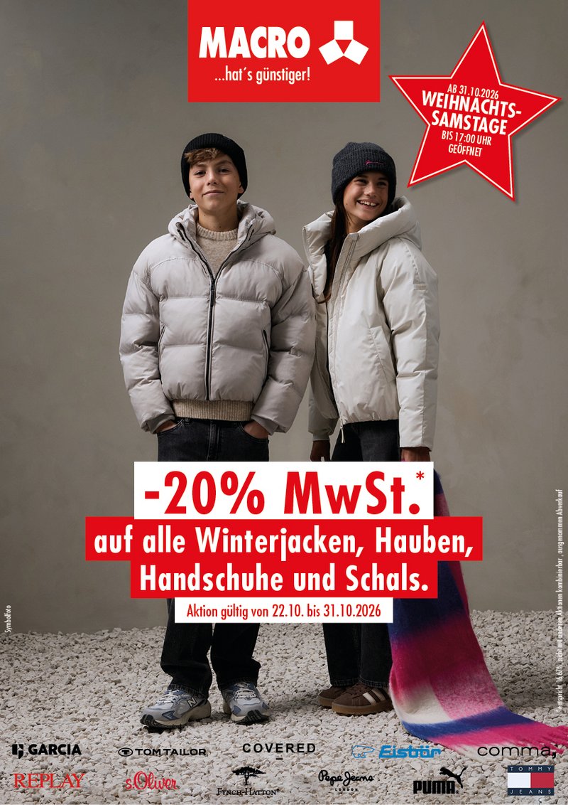 Von 22. bis 31. Oktober gibt’s minus 20 % MwSt. auf alle Winterjacken, Hauben, Handschuhe und Schals.