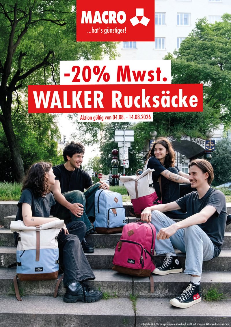 -20 % MwSt. auf alle lagernden WALKER Rucksäcke.