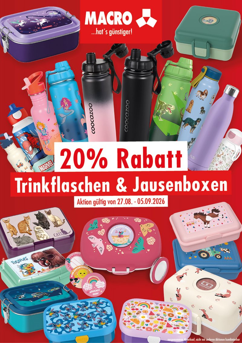 20% Rabatt auf alle lagernden Trinkflaschen und Jausenboxen.
